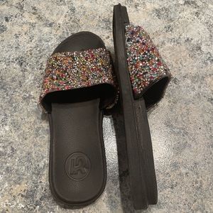 Womens multi-coloured glitter flip flops. Worn once. Perfect condition